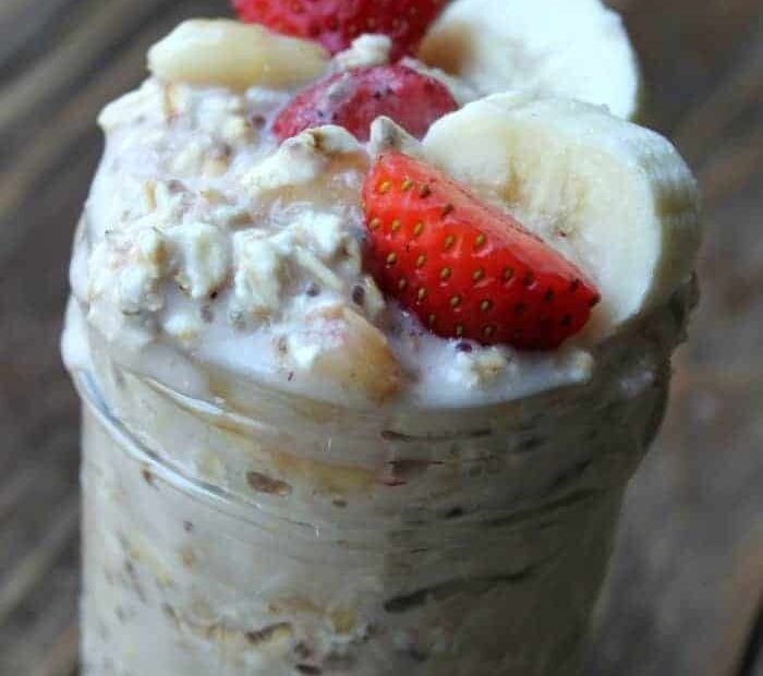 close up picture of strawberry overnight oats with banana