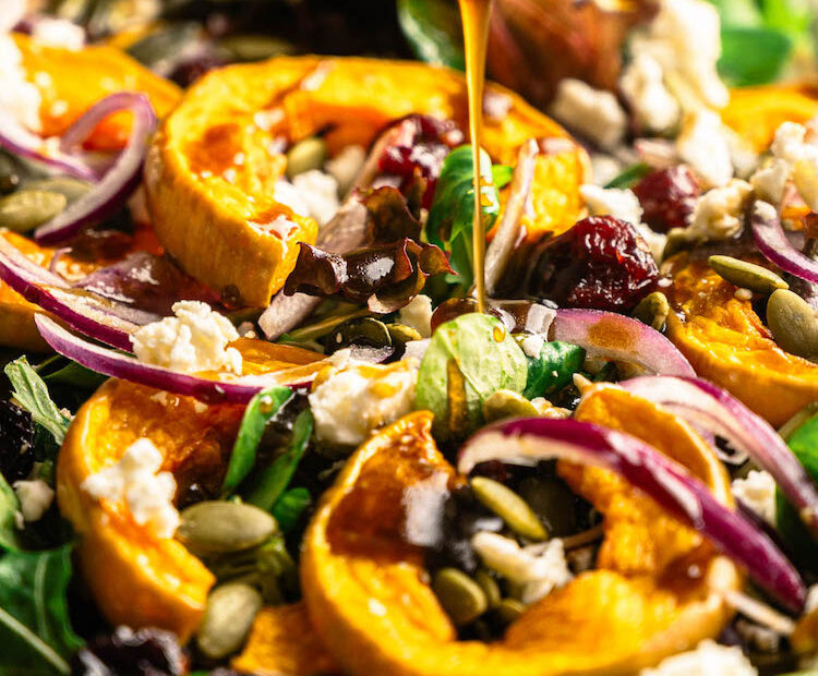 The Perfect Thanksgiving Salad! Roasted Delicata Squash with Arugula, Cranberries & Feta