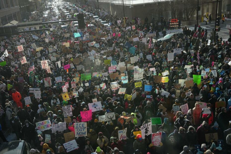 Thousands rally against immigration enforcement in sub-zero Minnesota temperatures
