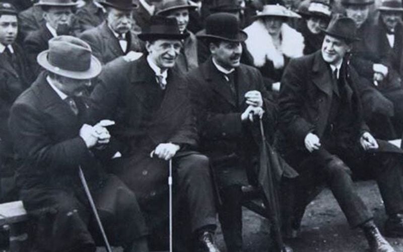 Arthur Griffith, Eamon de Valera, Laurence O'Neill, and Michael Collins in Dublin's Croke Park circa 1919.