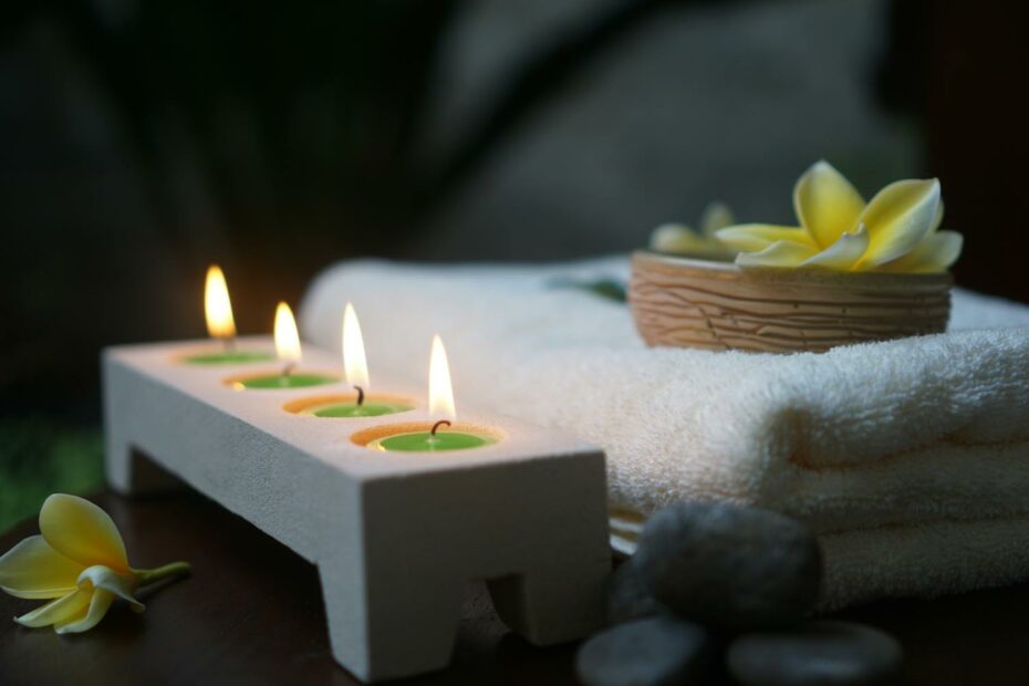 a serene display of candles in a home spa